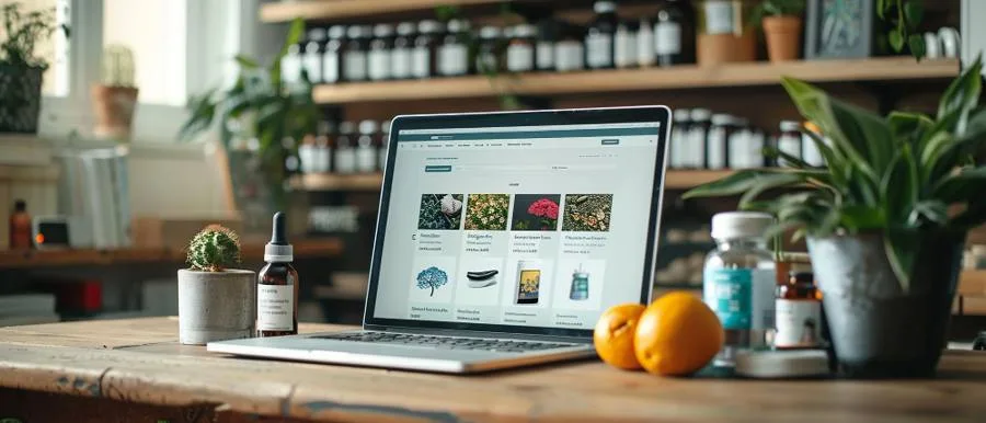 Laptop showing a small business website in a shop